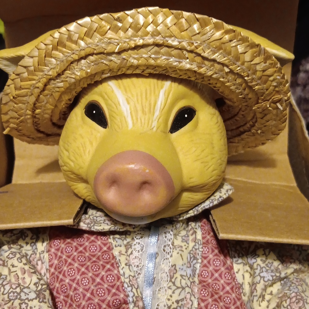 Vintage Pig Doll With Ceramic Head & Hoofs Calico Jumpsuit And Matching Vest